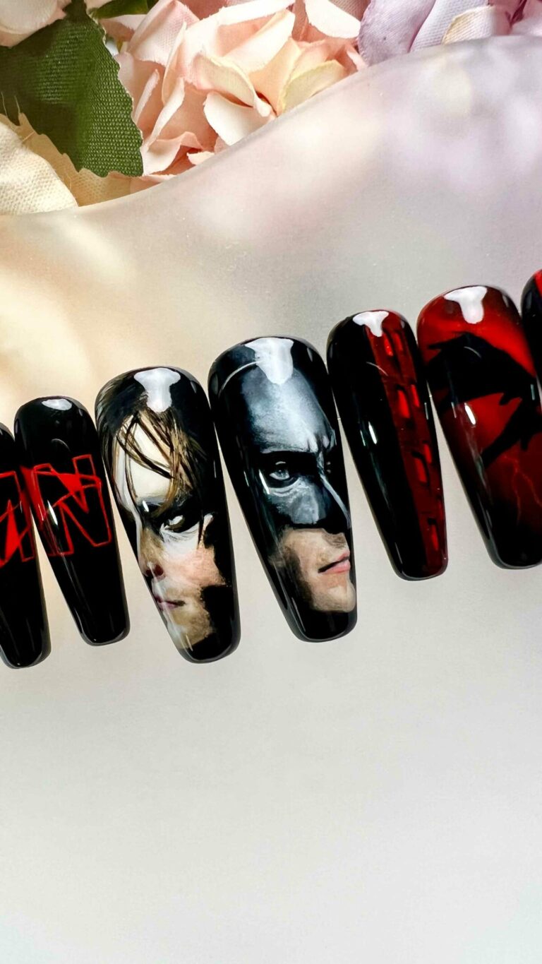 The batman nail, custom nail, hand painted nail, Custom nail decals, batman nail art, batman nail design, froni nail, character nails, portrait nails