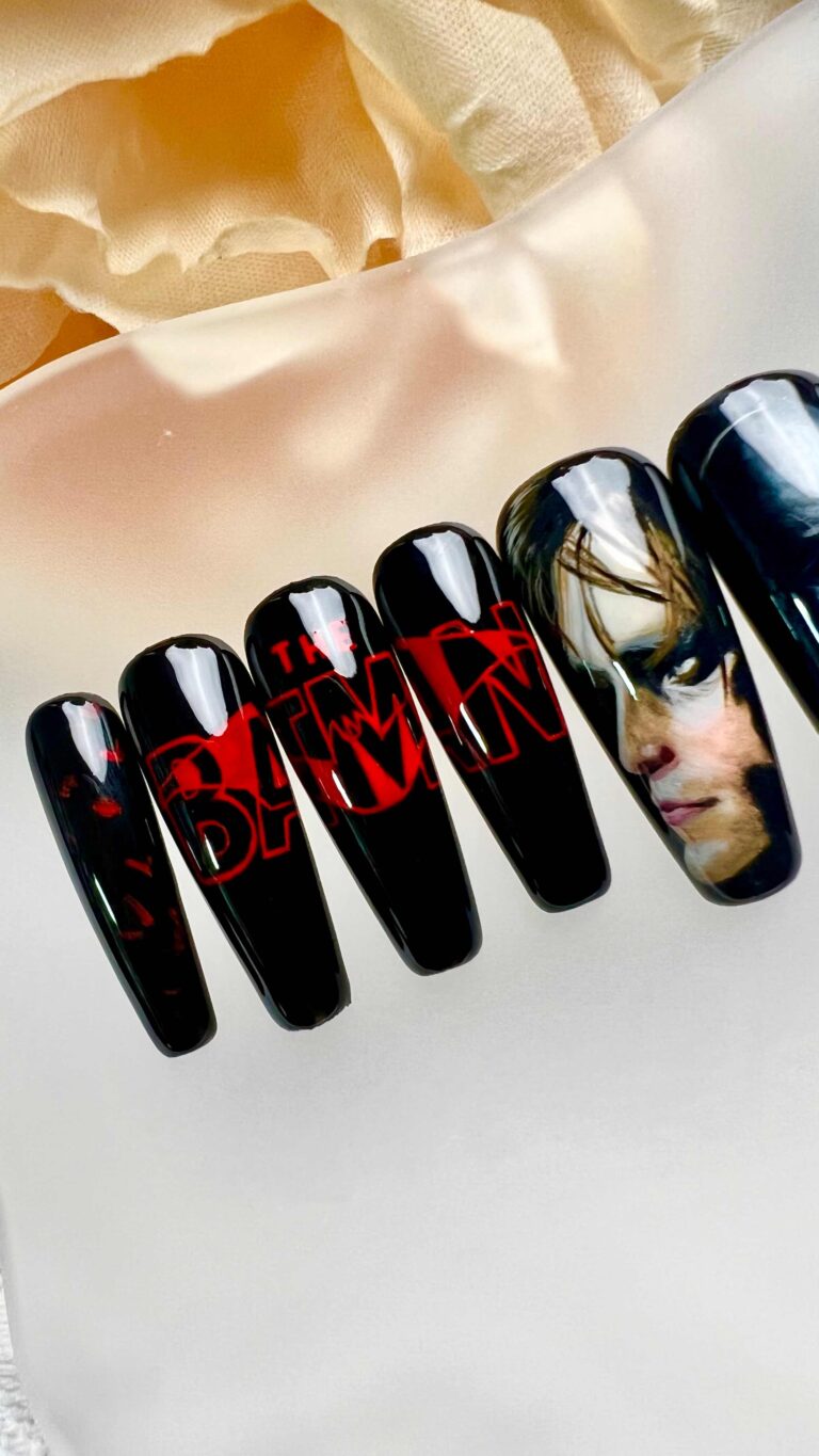 The batman nail, custom nail, hand painted nail, Custom nail decals, batman nail art, batman nail design, froni nail, character nails, portrait nails