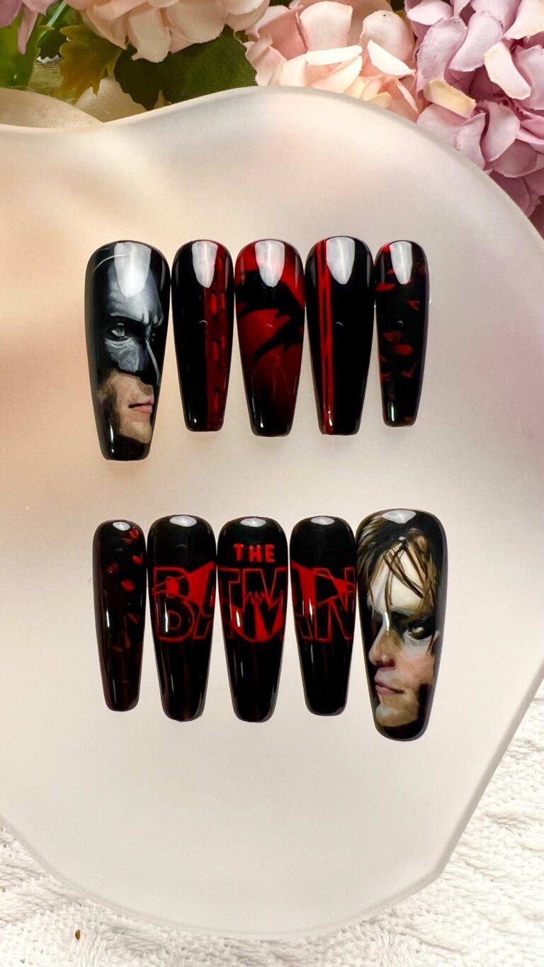 The batman nail, custom nail, hand painted nail, Custom nail decals, batman nail art, batman nail design, froni nail, character nails, portrait nails
